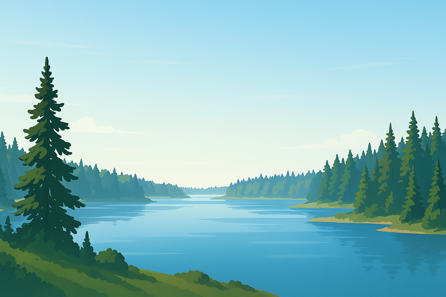 A northern lake bordered by spruce forest under a bright sky — Boundary Waters Canoe Area