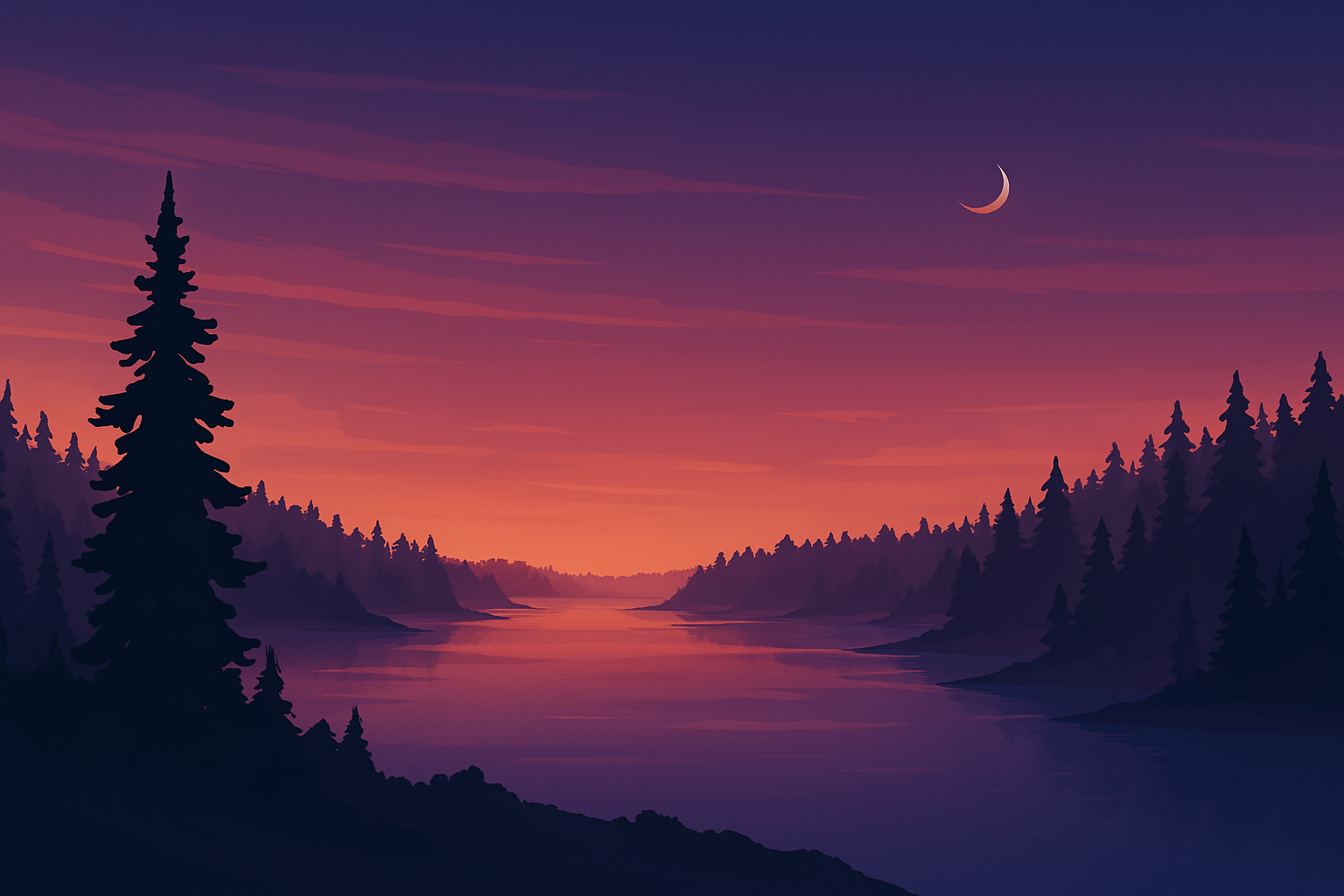 A northern lake at dusk — ember sunset over dark water under a crescent moon